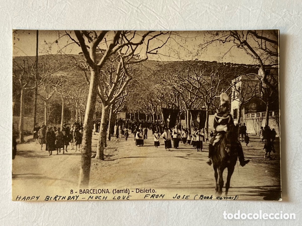 Postales: BARCELONA Sarri&aacute;. Desierto Procesi&oacute;n..Circulada a Londres. Jos&eacute; Ma. Torras Foulon (h.1945?)