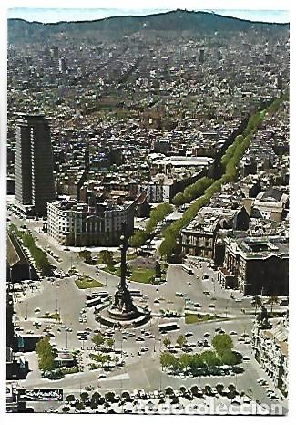 Postales: VISTA AEREA DEL MONUMENTO A COLON, RAMBLAS Y TIBIDABO AL FONDO.- BARCELONA