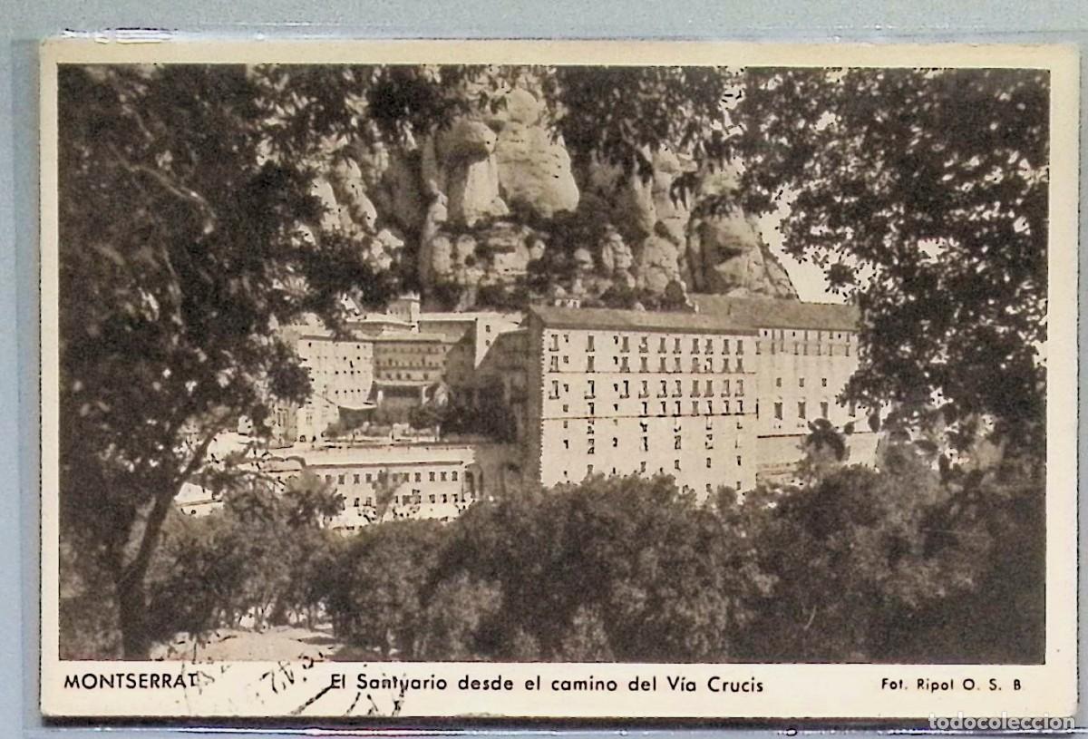 Postales: MONTSERRAT (Barcelona). El Santuario desde el camino del V&iacute;a Crucis.Tarjeta postal ilustrada en blan