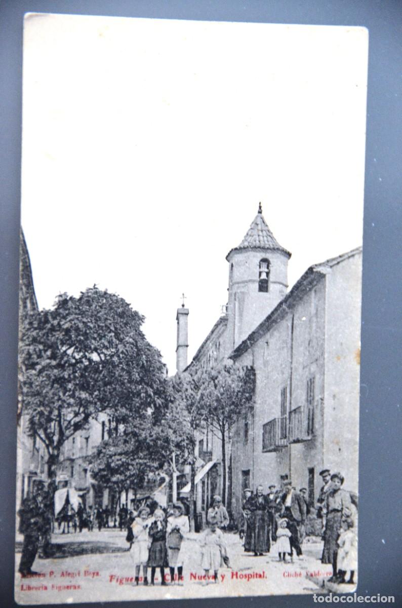 Postales: POSTAL ANTIGUA MUY ANIMADA DE FIGUERES 1908 CALLE NUEVA Y HOSPITAL CLICH&Eacute; VALDERRA ED.ALEGRI
