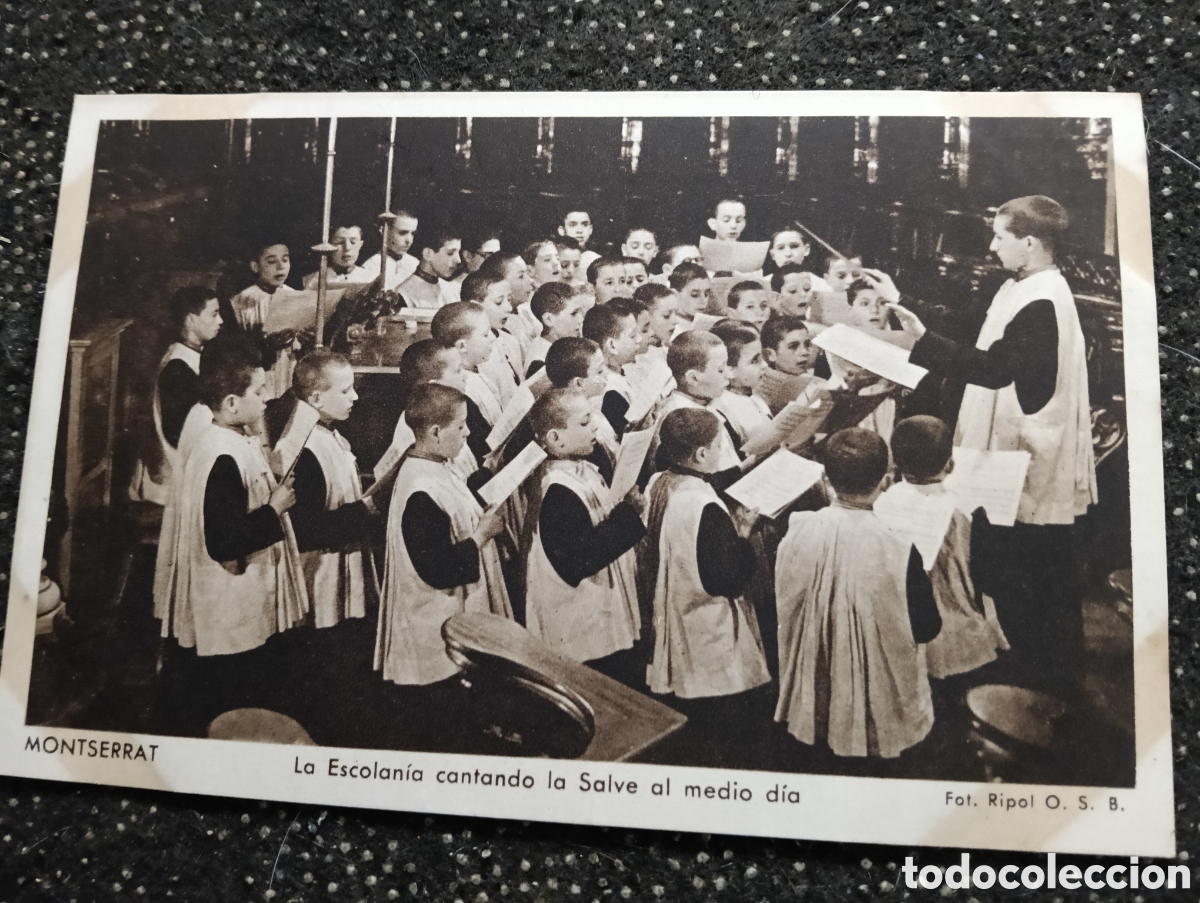 Postales: MONTSERRAT, BARCELONA, LA ESCOLANIA CANTANDO LA SALVE AL MEDIO D&Iacute;A. FOT. RIPOL