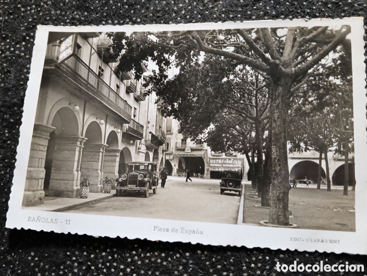 Postales: GIRONA BA&Ntilde;OLAS PLAZA ESPA&Ntilde;A AUTOMOVIL EPOCA MATR&Iacute;CULA M-35205