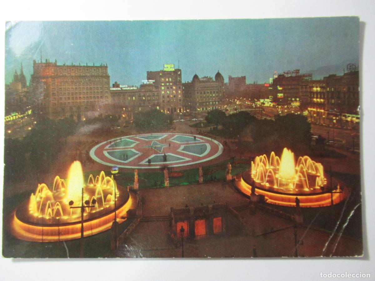 Postales: Barcelona - Plaza Catalu&ntilde;a de noche - Escrita - arruga en pico