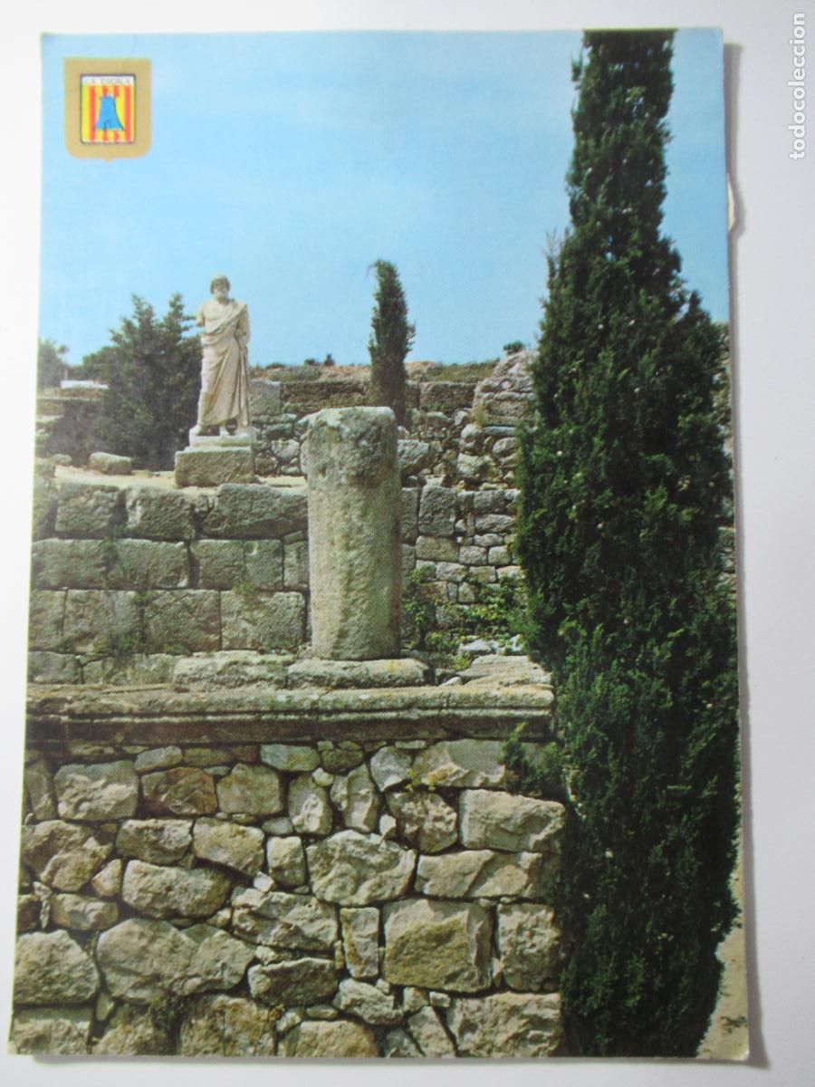 Postales: L'Escala - Costa Brava - Ru&iuml;nes d'Empuries. Altar i Temple d'Esculapi - S/C Restos pegamento reverso