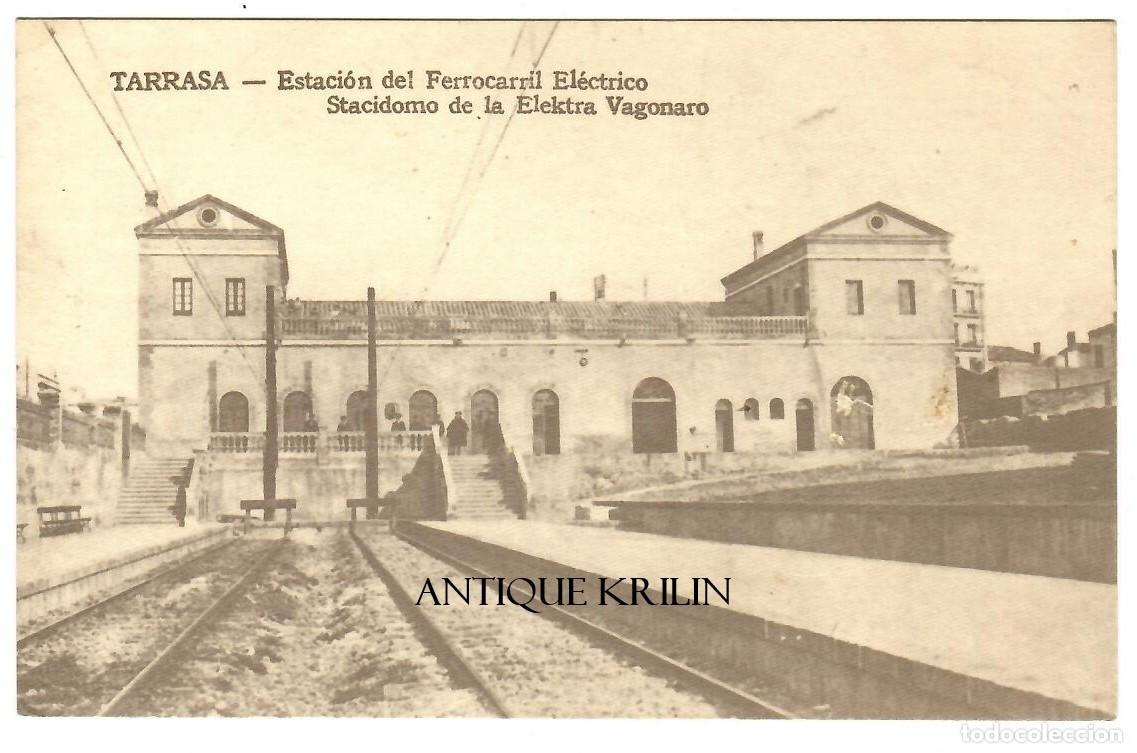 Postales: TARRASA / ESTACION FERROCARRIL ELECTRICO / PUBLICIDAD BANCA JOVER / FACSIMIL