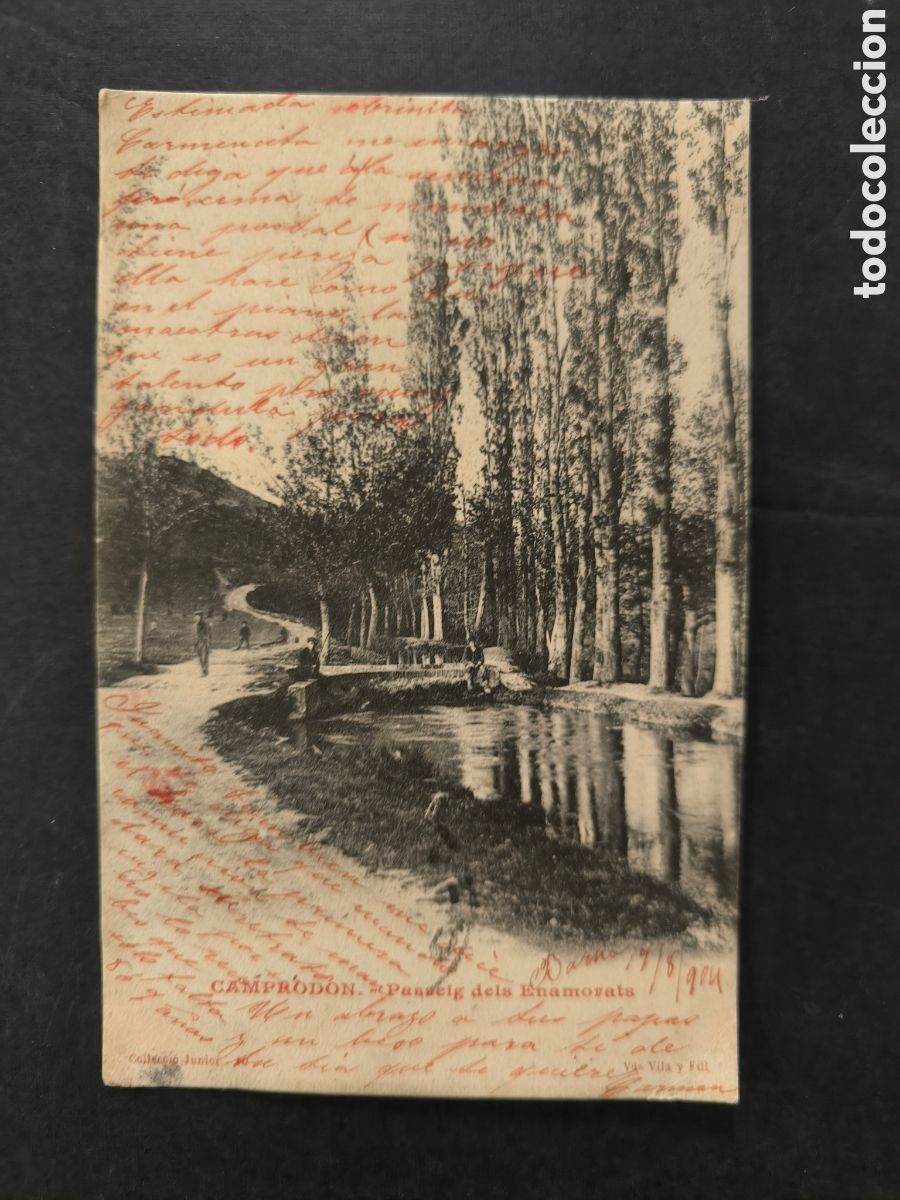 Postales: Postal Comprod&oacute;n, Gerona. Circulada en 1904. Paseo de los enamorados. Catalu&ntilde;a.