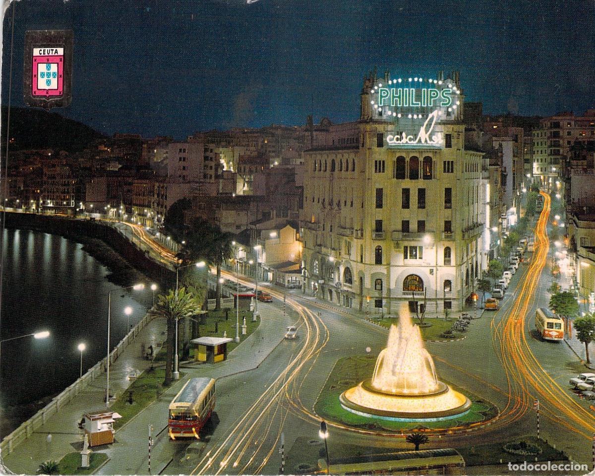 Postales: Postal de Ceuta, Plaza General Galera de Noche con Luces de Ne&oacute;n