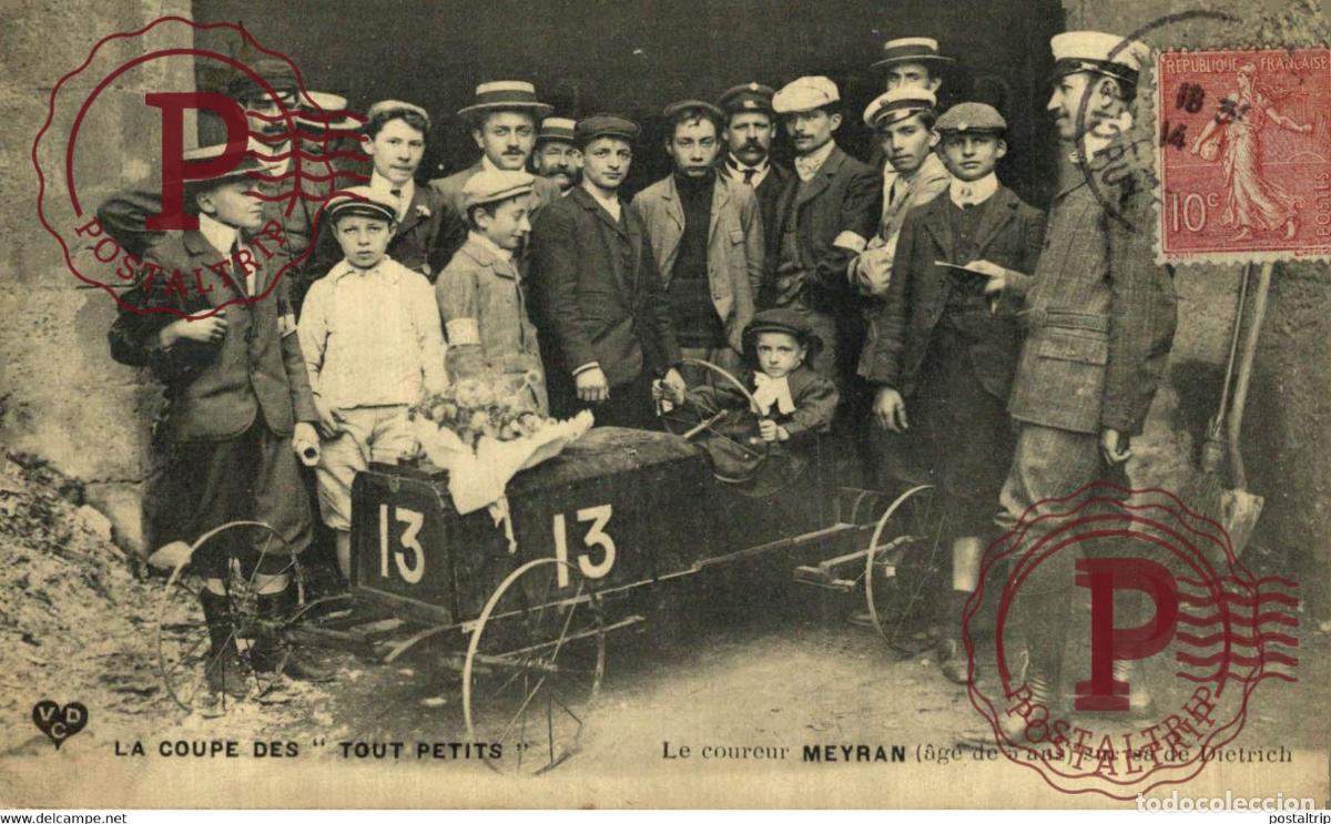 Postales: La Coupe des Tout Petits - Le Coureur Meyran &acirc;g&eacute; de 5 ans sur sa de Dietrich Automobile VOITURE