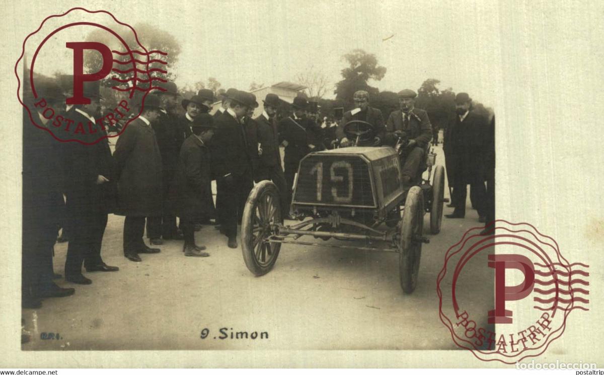 Postales: CARTE PHOTO RPPC Course Paris Madrid 1903 SIMON sur Voiture ADER n&deg;19