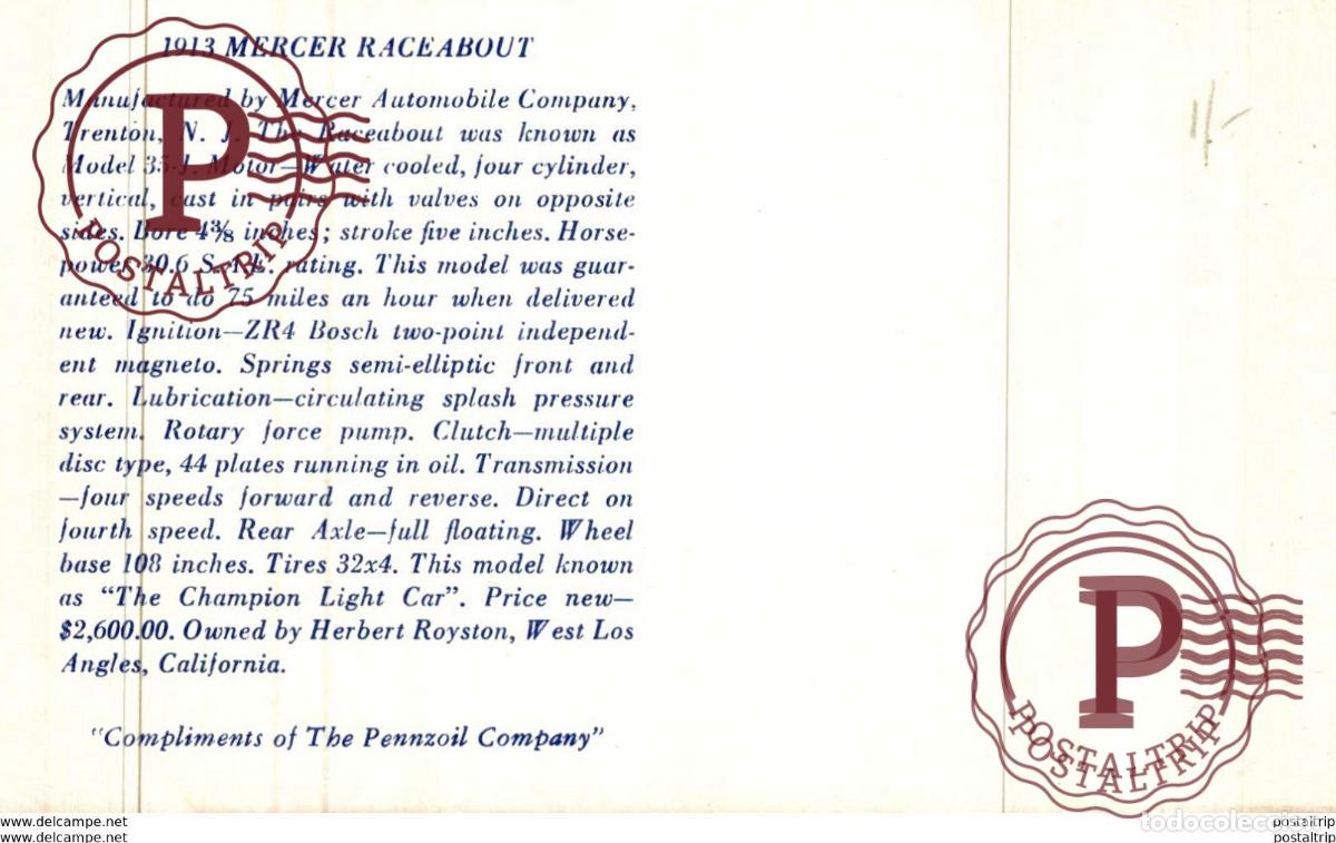 Postales: 1913 MERCER RACEABOUT - Foto 2