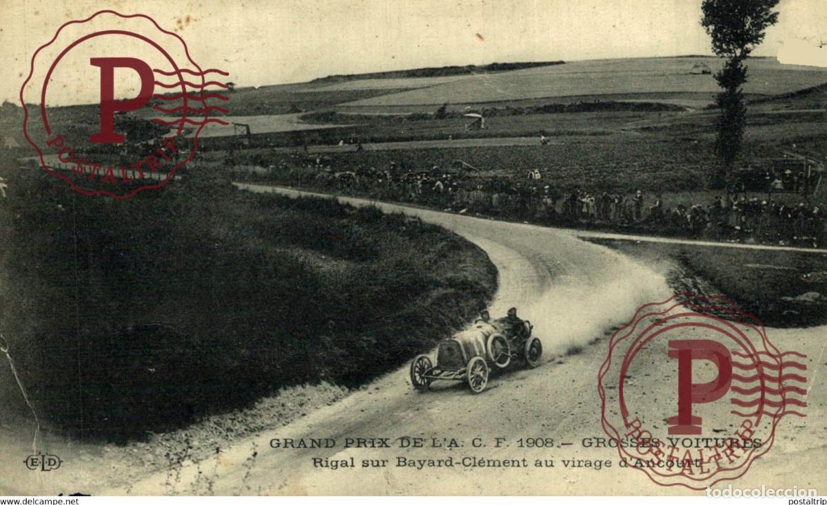 Cartes Postales: Course Automobile Grand Prix de lA.C.F Grosses voitures Pilote Rigal sur Bayard Cl&eacute;ment au virage d
