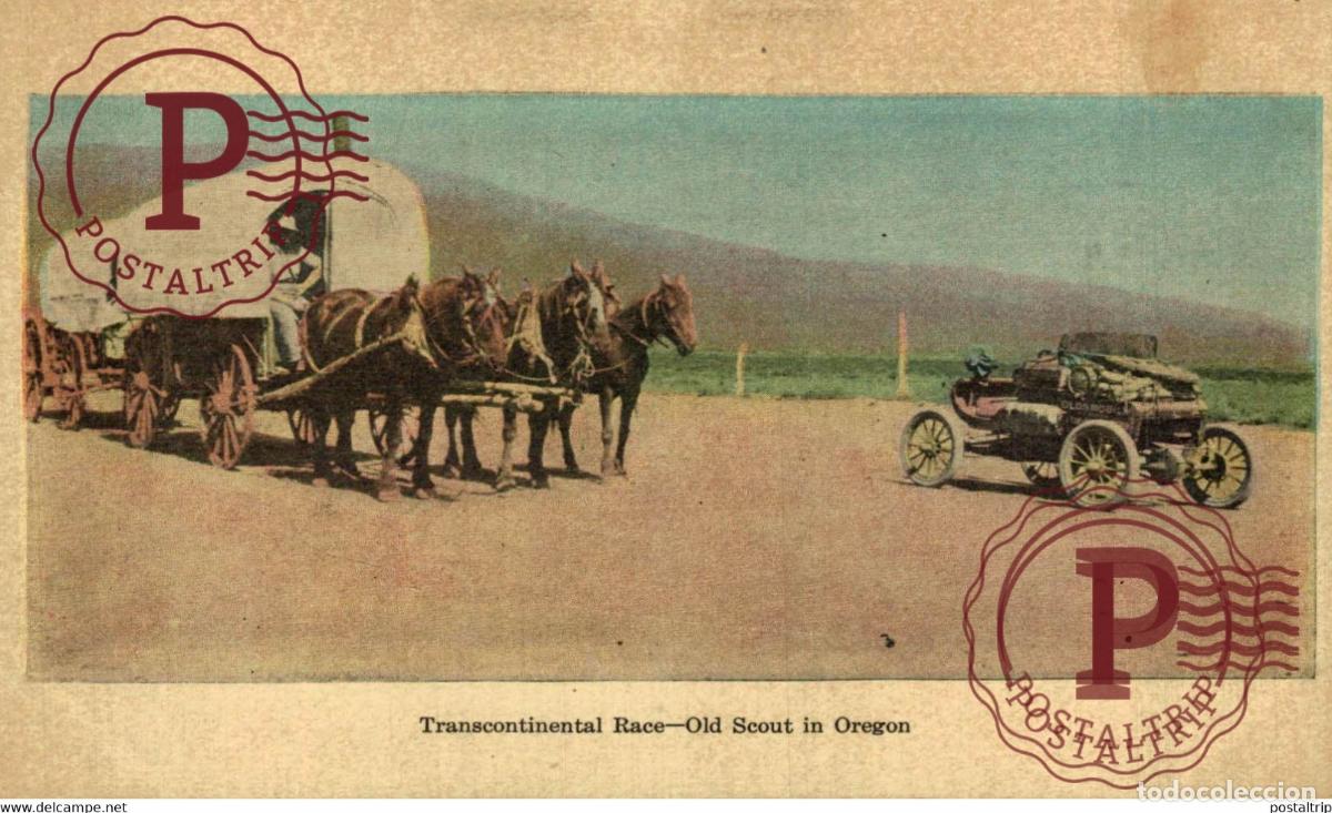 Cartes Postales: Automobiles - Transcontinental Race - Old Scout in Oregon coloris&eacute;e attelage USA type far-west