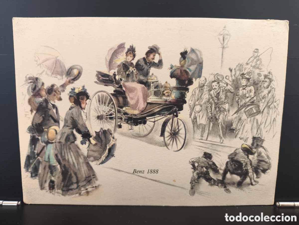 Postales: Antigua postal ilustrada publicidad Mercedes Benz Patent Motorwagen 1888 ilustrador Hans Liska