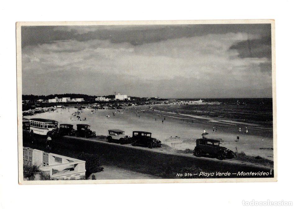 Postales: PLAYA VERDE EN MONTEVIDEO, URUGUAY. DESTACA VEH&Iacute;CULOS ANTIGUOS ESTACIONADOS CERCA DE LA ARENA