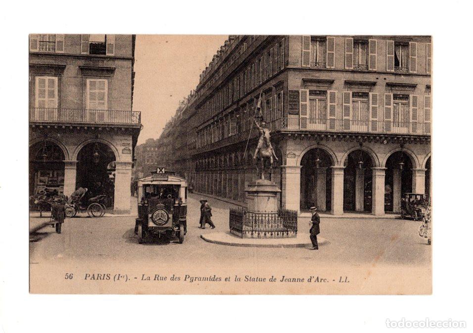 Postales: PAR&Iacute;S. LA RUE DES PYRAMIDES Y LA ESTATUA DE JUANA DE ARCO. AUTOBUS MERCEDES.