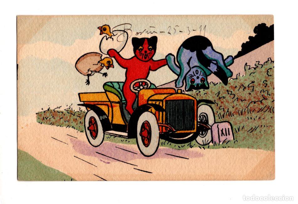 Postales: POSTAL ILUSTRADA PRESENTA UNA ESCENA HUMOR&Iacute;STICA Y ANTROPOM&Oacute;RFICA DE GATOS CONDUCIENDO UN AUTOM&Oacute;VIL