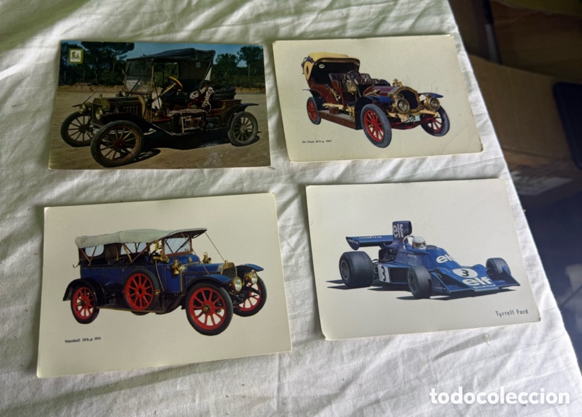 Cartoline: Lote 4 postales coches cl&aacute;sicos y F&oacute;rmula 1 Tyrrell Ford &ndash; A&ntilde;os 60-70