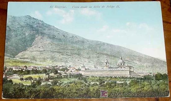 Postales: ANTIGUA POSTAL COLOREADA DEL ESCORIAL - VISTA DESDE LA SILLA DE FELIPE II - ED. PURGER & CO. - N&ordm; 37