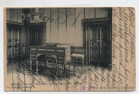 Postais: Monasterio del Escorial.- Palacio - Despacho del Rey. Franqueada en Escorial en 1905.