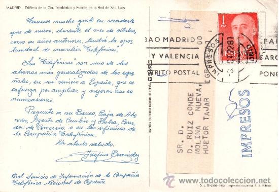 Postales: MADRID. EDIFICIO DE LA CIA. TELEF&Oacute;NICA. 1972. IMPRENTA INDUSTRIAL S.A. - Foto 2