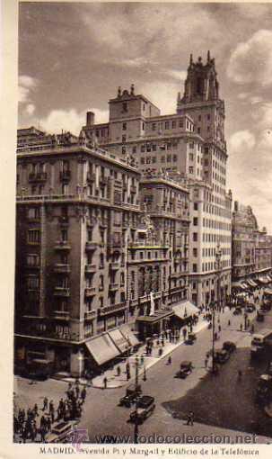 Postales: MADRID AVENIDA PI Y MARAGALL Y EDIFICIO DE LA TELEF&Oacute;NICA KALIMEYER Y GAUTIER SIN CIRCULAR - Foto 1