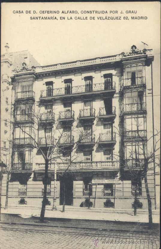 Postales: MADRID.- CASA DE D. CEFERINO ALFARO, CONSTRUIDA POR J. GRAU SANTAMAR&Iacute;A, EN LA CALLE VELAZQUEZ,62
