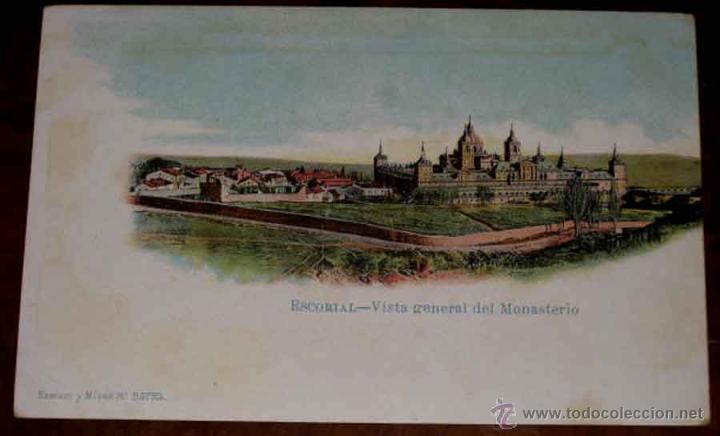 Postais: ANTIGUA POSTAL COLOREADA DEL ESCORIAL - VISTA GENERAL DEL MONASTERIO - ED. SAMSOT Y MISSE - NO CIRCU