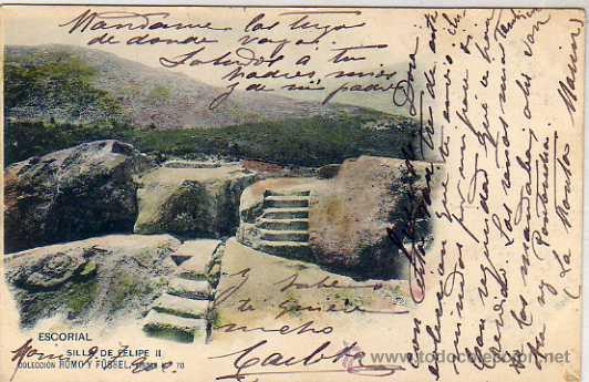 Postales: Escorial. Silla de Felipe II. Colecci&oacute;n Romo y F&uuml;ssel n&ordm; 70 Iluminada. Circulada.