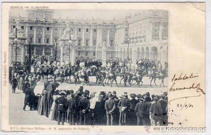 Postales: Serie B Olabarria. Revista militar. n&ordm; 1 Su majestad saliendo de Palacio. Fot Laurent.