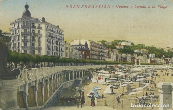 Postais: N&ordm; 9 SAN SEBASTIAN. Hoteles y bajada a la Playa. Sin circular. ED FOTO EDITOR G. GALARZA
