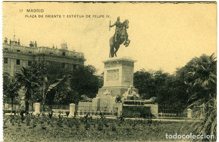 Postales: N&ordm; 17-MADRID. Plaza de Oriente y estatua de Felipe IV.Sin circular. ED. FOTOTIPIA DE HAUSER Y MENET.