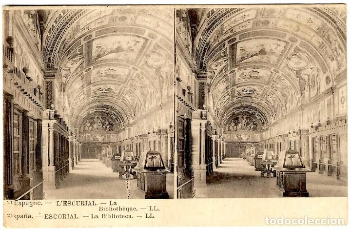 Postales: El Escorial - La Biblioteca - Antigua Postal Estereosc&oacute;pica - 140x91mm.