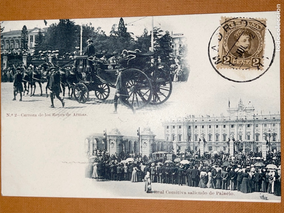 Postkarten: P-766 Antigua postal de la real comitiva saliendo de palacio. Carroza de los Reyes de Armas.