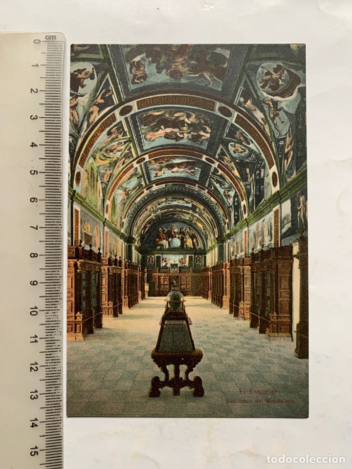 Postales: POSTAL COLOREADA. EL ESCORIAL. BIBLIOTECA DEL MONASTERIO. FOT. MORENO.