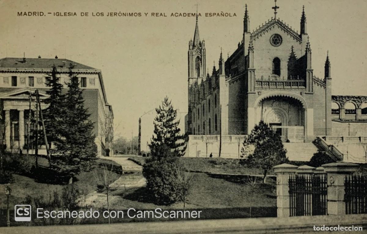 Postais: MADRID-IGLESIA DE LOS JERONIMOS Y REAL ACADEMIA - POSTAL ANTIGUA DE PRINCIPIOS DEL SIGLO XX