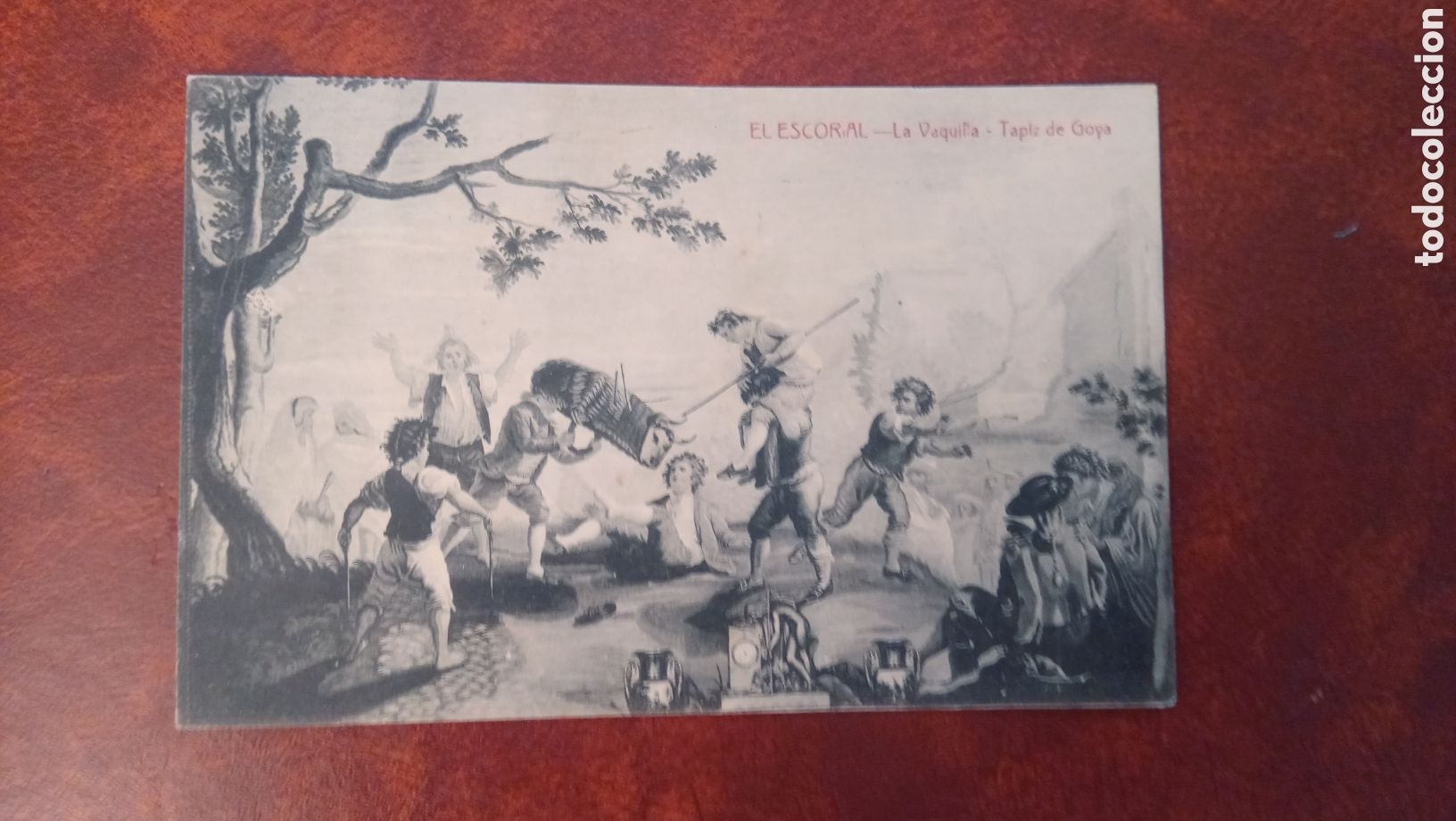 Postales: POSTAL EL ESCORIAL. LA VAQUILLA. TAPIZ DE GOYA. CIRCULADA A&Ntilde;OS 50