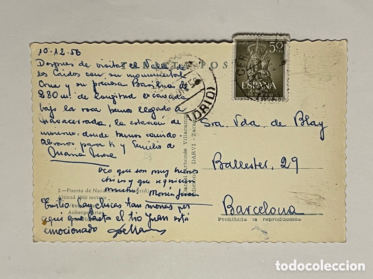 Postales: MADRID. Puerto de Navacerrada. Postal No.2, Edic. Daniel Arbones (a.1956) circulada - Foto 2