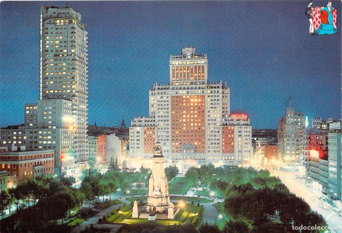 Postales: Postal Madrid Nocturna - Plaza de Espa&ntilde;a, Torre y Edificio Espa&ntilde;a - Foto 1