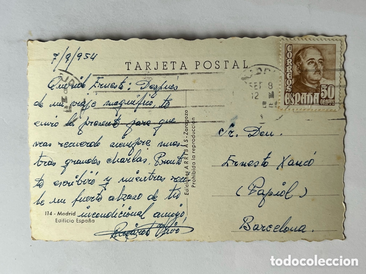 Postales: MADRID. Postal Edificio Espa&ntilde;a. Circulada a D. Ernest Xanco, Violonchelista Catal&aacute;n (a.1954) - Foto 2