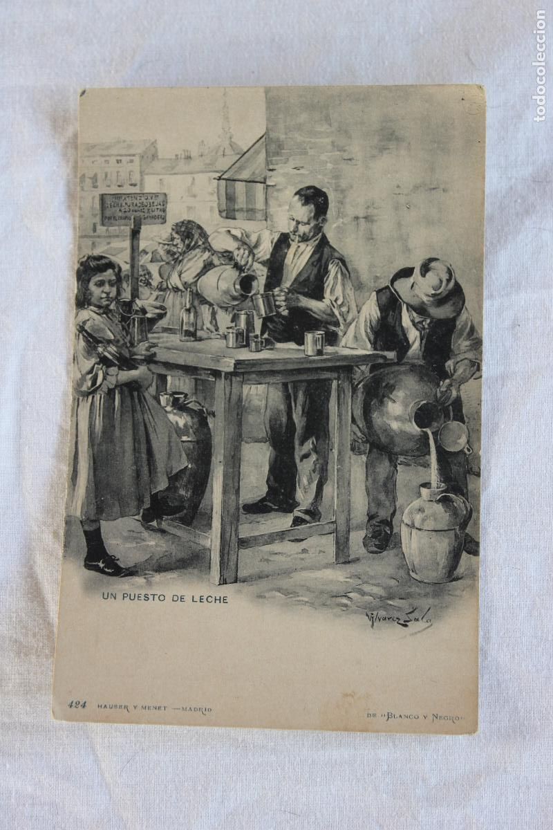 Postales: UN PUESTO DE LECHE HAUSER Y MENET COLECCION BLANCO Y NEGRO 1903