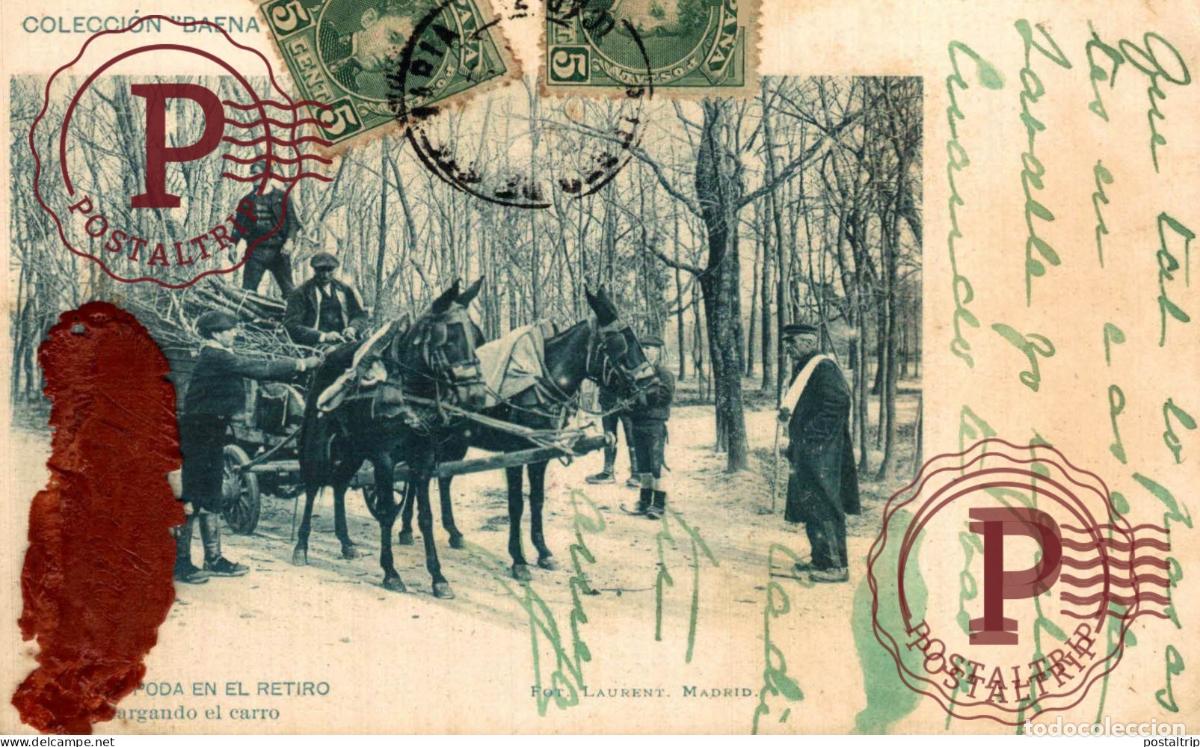 Postales: MADRID. LA CAIDA DE LA HOJA EN EL RETIRO. CARGANDO EL CARRO. COLECCION BAENA. SERIE B. FOT LAURENT