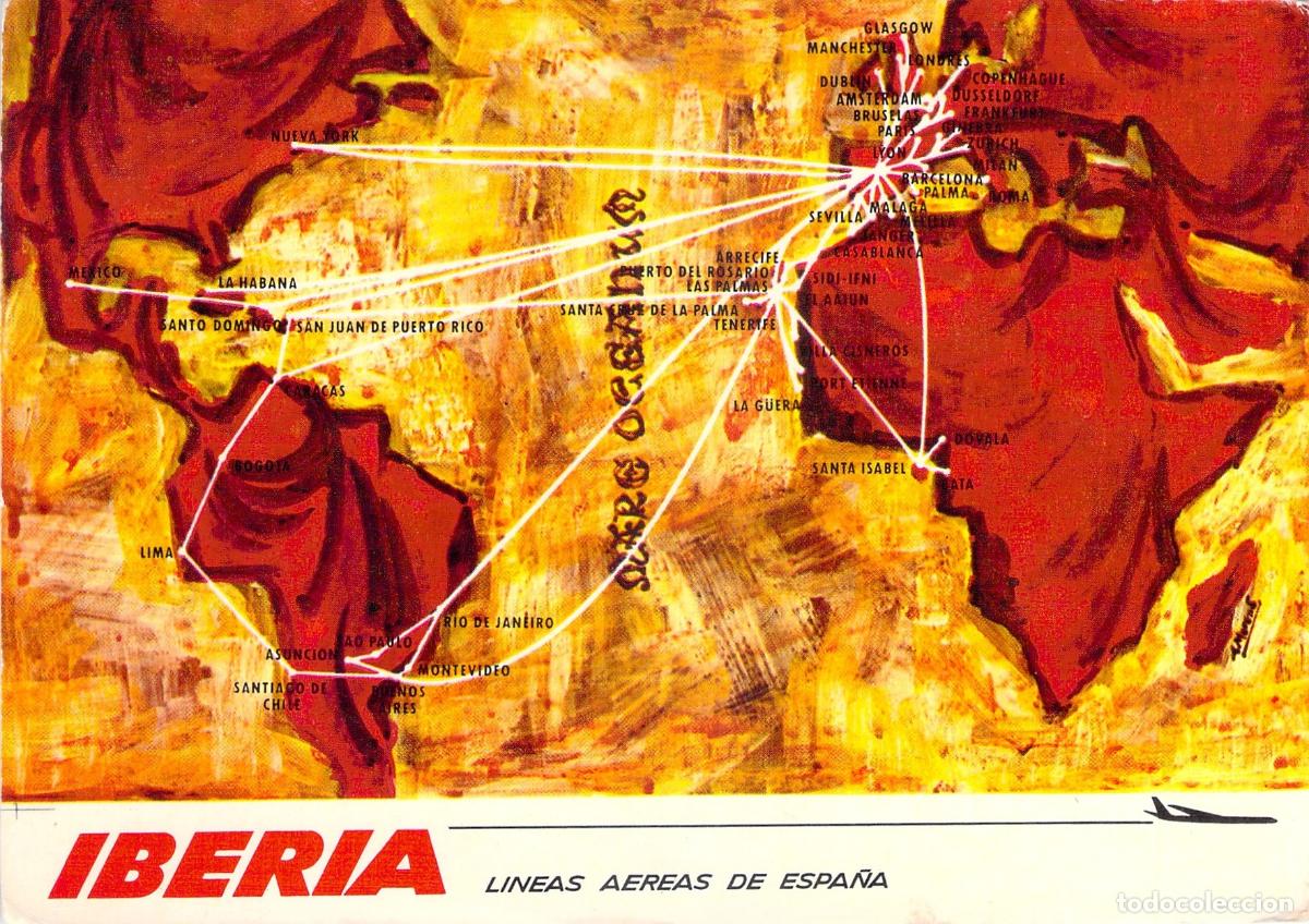 Postales: Postal Iberia L&iacute;neas A&eacute;reas de Espa&ntilde;a Mapa de Rutas