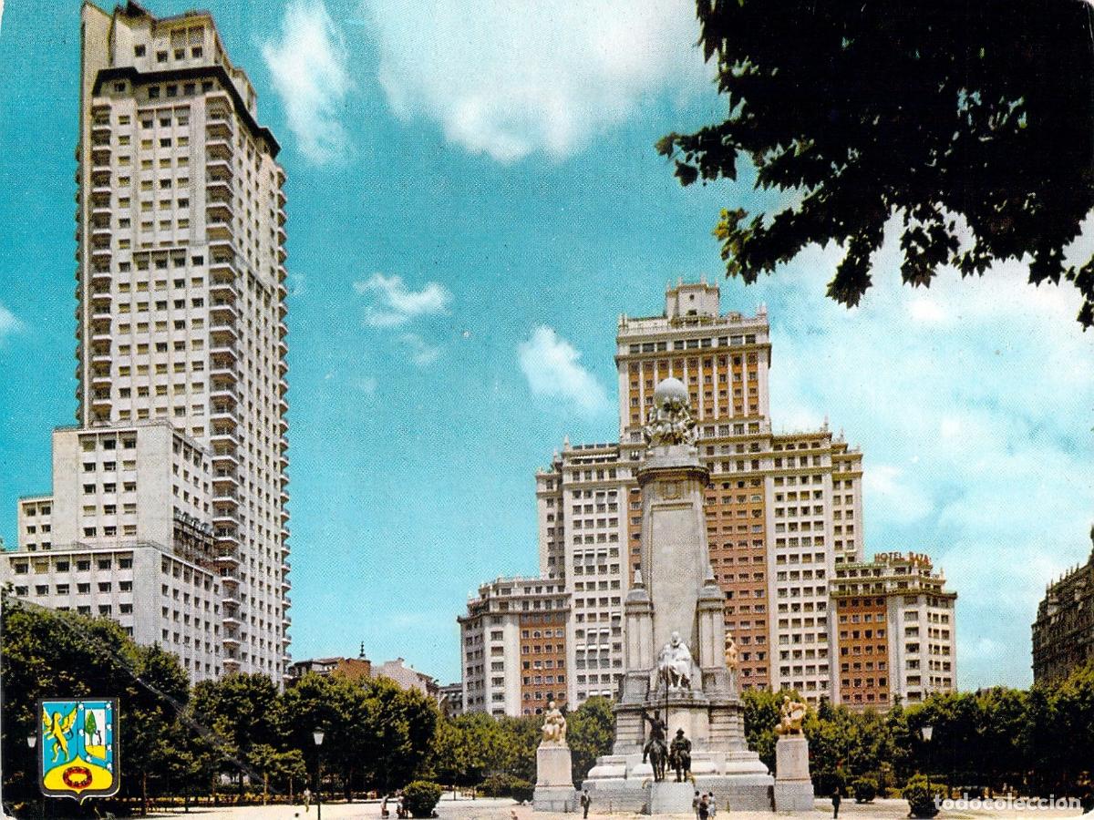 Postales: Postal de Madrid: Plaza de Espa&ntilde;a y Monumento a Cervantes