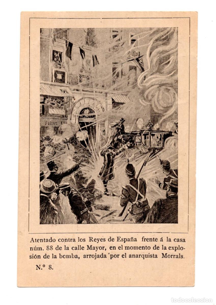 Postales: ATENTADO CONTRA LOS REYES DE ESPA&Ntilde;A FRENTE &Aacute; LA CASA N&ordm;88 DE LA CALLE MAYOR, EN EL MOMENTO DE LA EXP