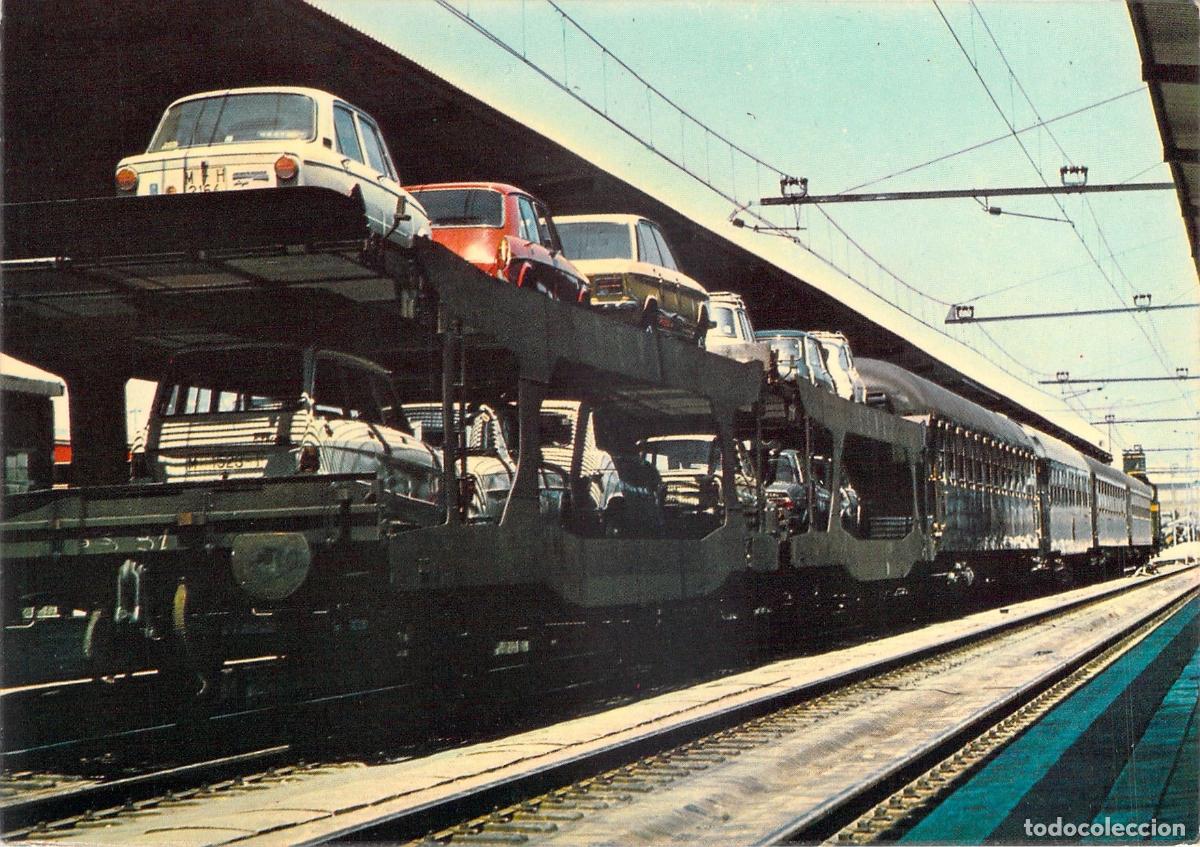 Postales: Postal RENFE Vag&oacute;n Plataforma Auto-Expreso con Autom&oacute;viles