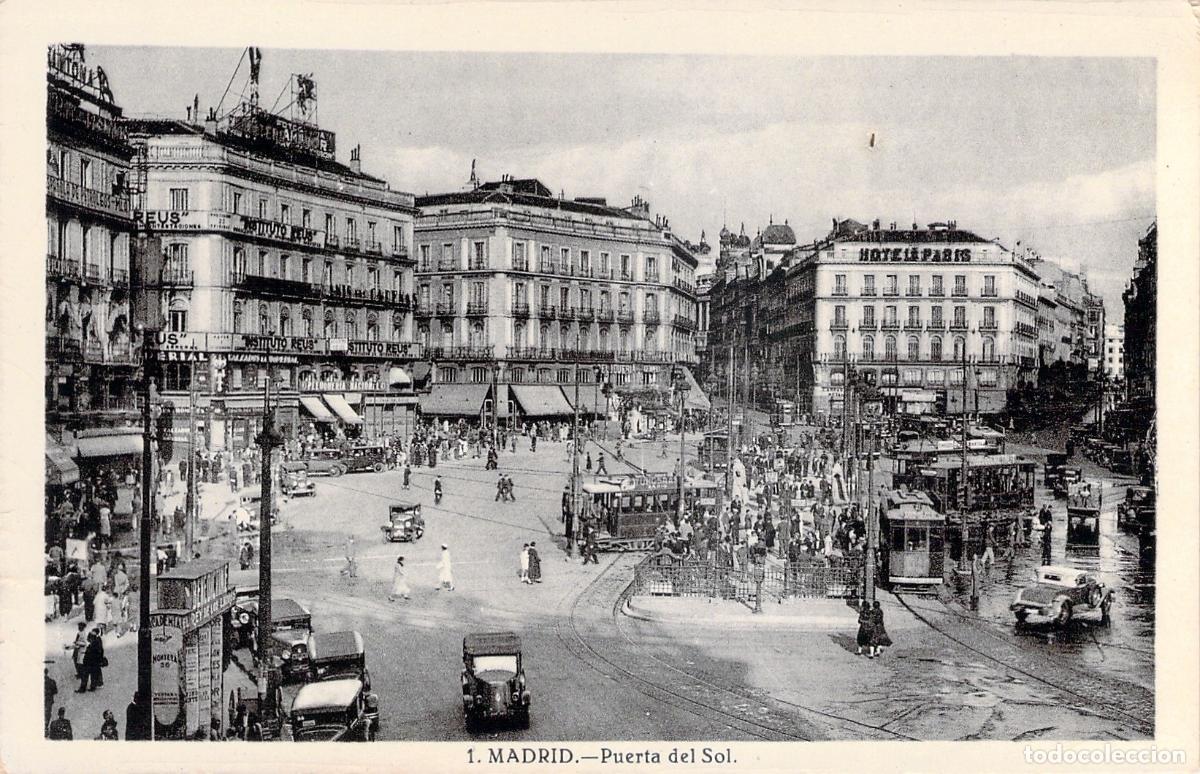 Postales: Postal de Madrid: Vista de la Puerta del Sol con Tranv&iacute;as y Hotel de Par&iacute;s