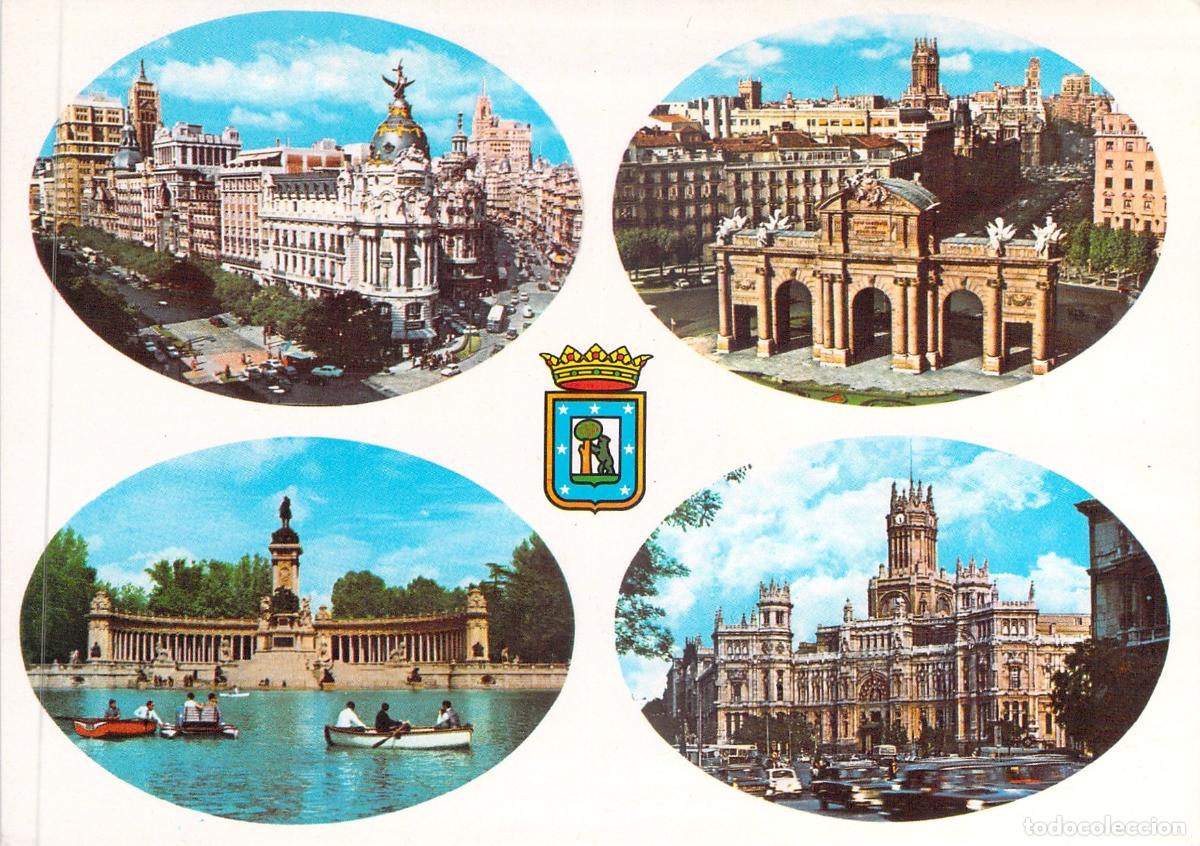 Postales: Postal de Madrid con Vistas de Gran V&iacute;a, Puerta de Alcal&aacute; y Retiro
