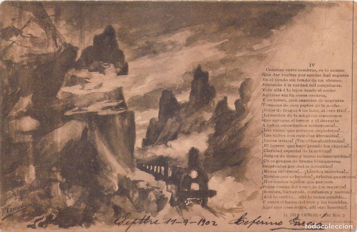 Postales: Postal Ilustrada El Tren Expreso con Poema y Paisaje de Monta&ntilde;a