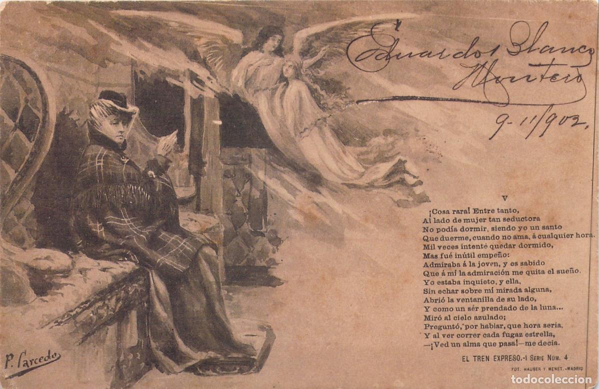 Postales: Tarjeta Postal El Tren Expreso Ilustraci&oacute;n de P. Salcedo Hauser y Menet