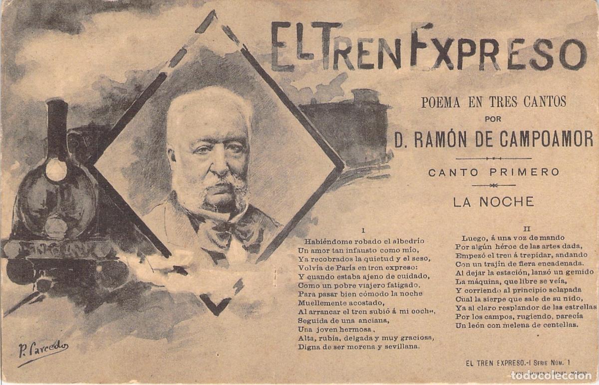 Postales: Postal de Ram&oacute;n de Campoamor y Poema El Tren Expreso - Madrid